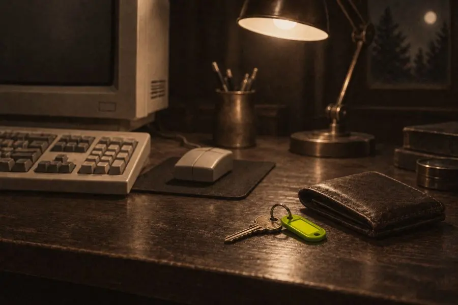 A key with a green tag next to a wallet on the desk